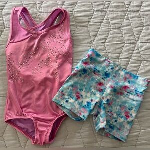 Gymnastics- pink sparkle leotard and tie dye shorties
